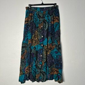 Vintage 90’s  Teal Multi-Print Patchwork Button-Front Midi Skirt